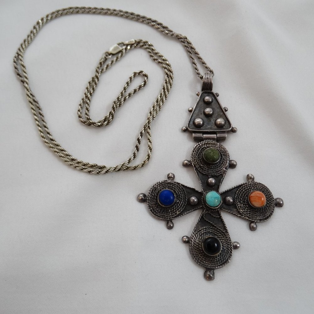 Vintage Sterling Silver Large Equal Sided Cross Pendant Necklace Chain